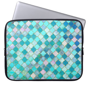 Aqua Teal Gold Oriental Moroccan Tile pattern Laptop Sleeve