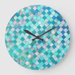 Aqua Teal Gold Oriental Moroccan Tile pattern Large Clock