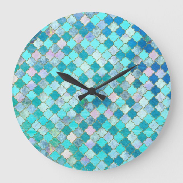 Aqua Teal Gold Oriental Moroccan Tile pattern Large Clock (Front)