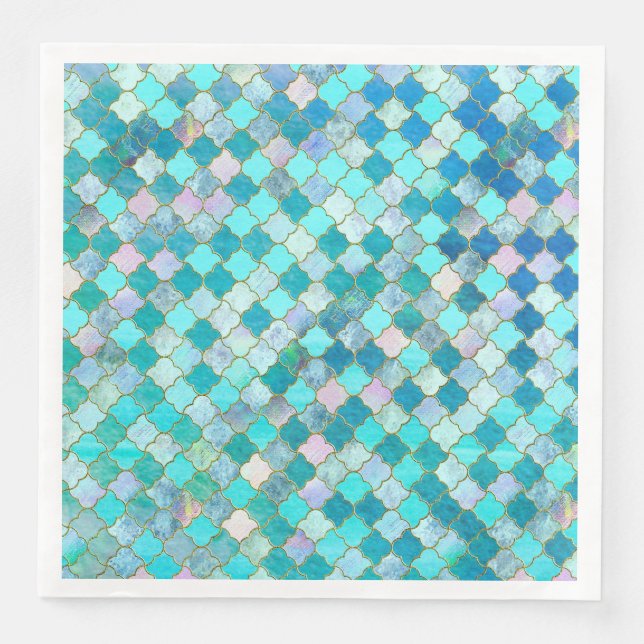 Aqua Teal Gold Oriental Moroccan Tile pattern Napkin (Front)