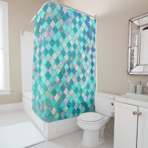 Aqua Teal Gold Oriental Moroccan Tile pattern Shower Curtain