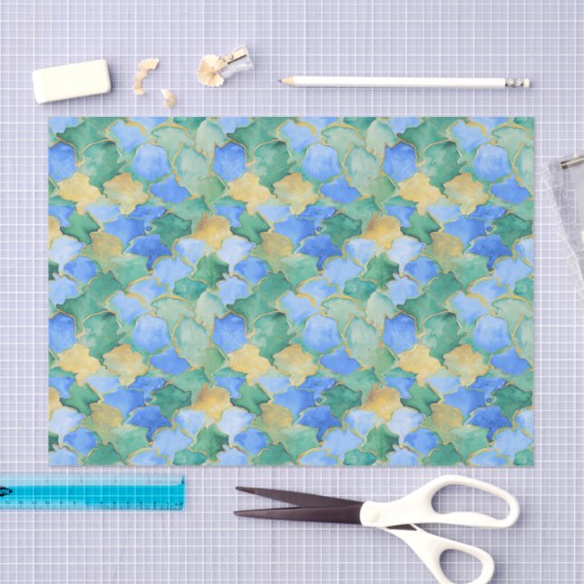 Aqua Teal Gold Watercolor Mosaic Sea Glass  Tissue Paper (Craft)