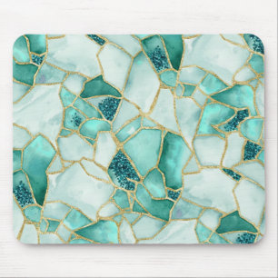 Aqua Teal Gold Watercolor Sea Glass Mosaic Pattern Mouse Mat