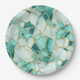 Aqua Teal Gold Watercolor Sea Glass Mosaic Pattern Paper Plate
