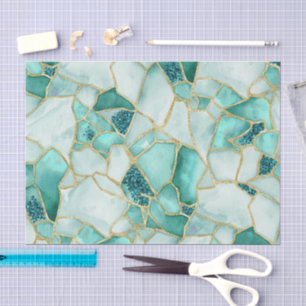Aqua Teal Gold Watercolor Sea Glass Mosaic Pattern Tissue Paper