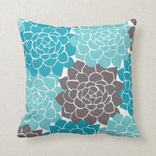 Aqua Teal Graphite Grey Flower Collage Plaid Back Cushion
