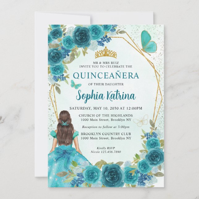 Aqua Teal Green Gold Floral Princess Quinceañera Invitation (Front)