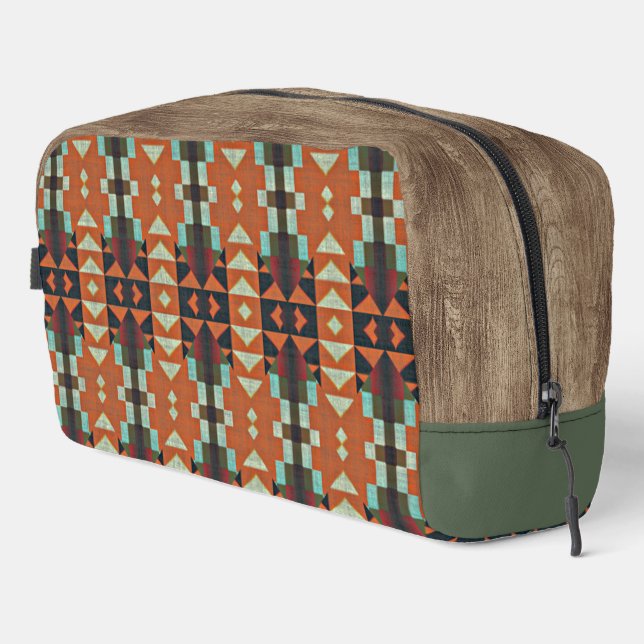 Aqua Teal Green Orange Taupe Beige Tribal Art Dopp Kit (Right Corner)