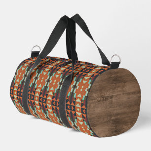 Aqua Teal Green Orange Taupe Beige Tribal Art Duffle Bag