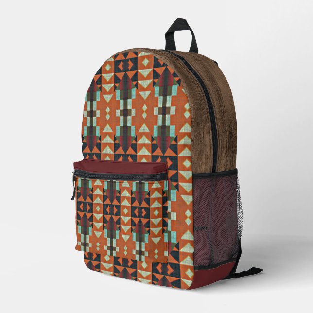 Aqua Teal Green Orange Taupe Beige Tribal Art Printed Backpack (Back Corner Right)