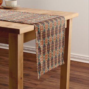 Aqua Teal Green Orange Taupe Beige Tribal Art Short Table Runner
