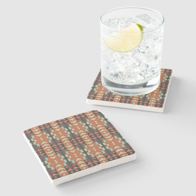 Aqua Teal Green Orange Taupe Beige Tribal Art Stone Coaster (Side)