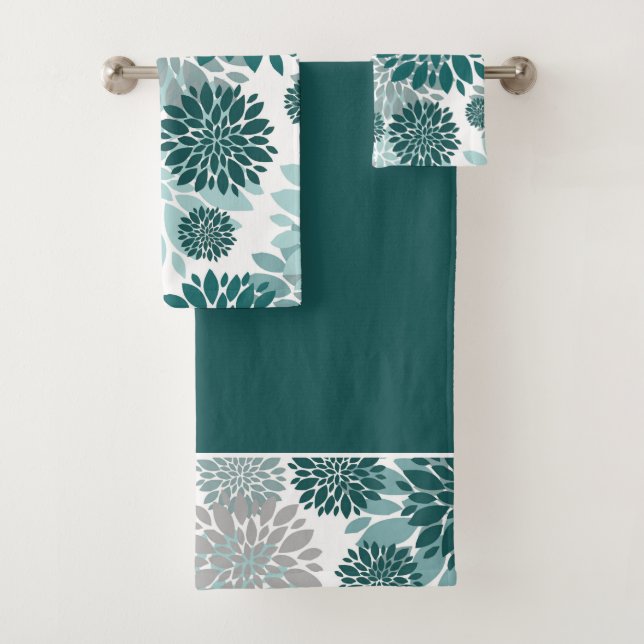 Aqua Teal Grey Flower Pattern Bath Towel Set (Insitu)