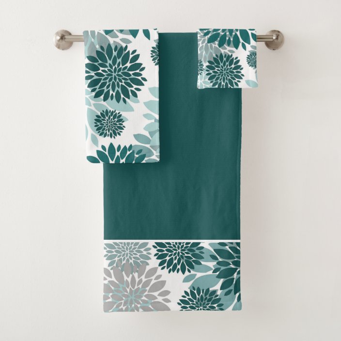 Aqua Teal Grey Flower Pattern Bath Towel Set Zazzle.co.uk