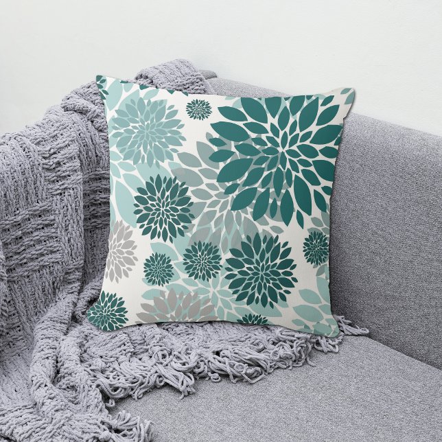 Aqua Teal Grey Flower Pattern Cushion (Creator Uploaded)