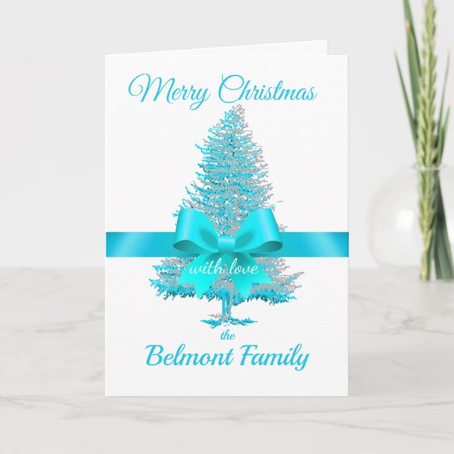 Aqua Teal Holiday Tree Ribbon Bow Custom Name Card (Front)