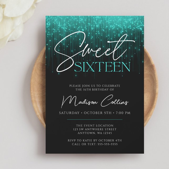 Aqua Teal Lights Black Sweet 16 Invitation (Creator Uploaded)