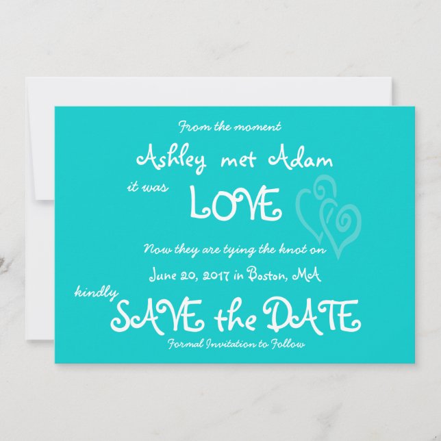 Aqua Teal Love, Hearts Photo Save the Date Card (Front)