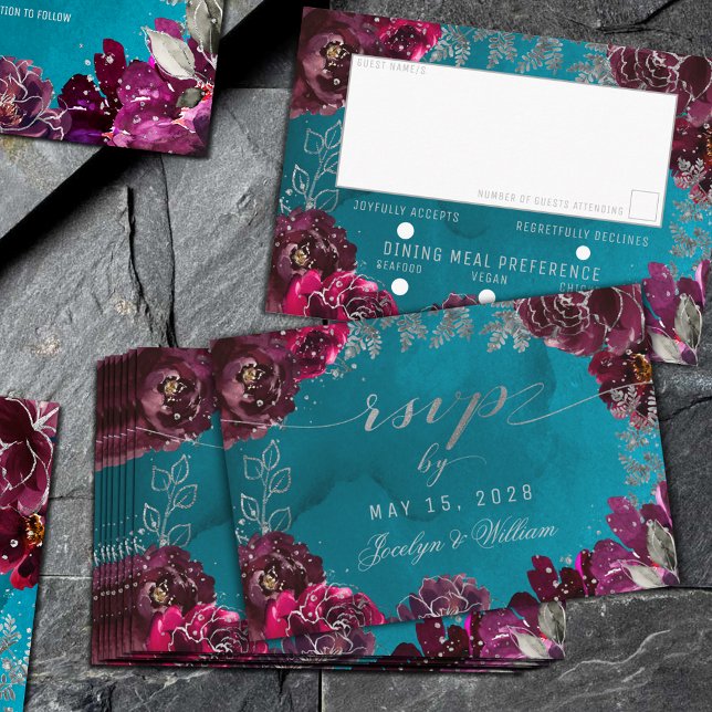 Aqua Teal Merlot Jewel Tone 3 Meal Choice RSVP (Aqua Teal Merlot Jewel Tone Wedding
RSVP Meal Choice)