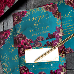 Aqua Teal Merlot Jewel Tone Gold Wedding RSVP  Card