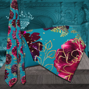 Aqua Teal Merlot Jewel Tone Gold Wedding Tie