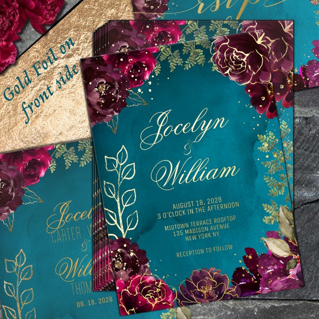 Aqua Teal Merlot Jewel Tone Wedding  (Aqua Teal Merlot Gold Foil Jewel Tone Wedding Invitation)