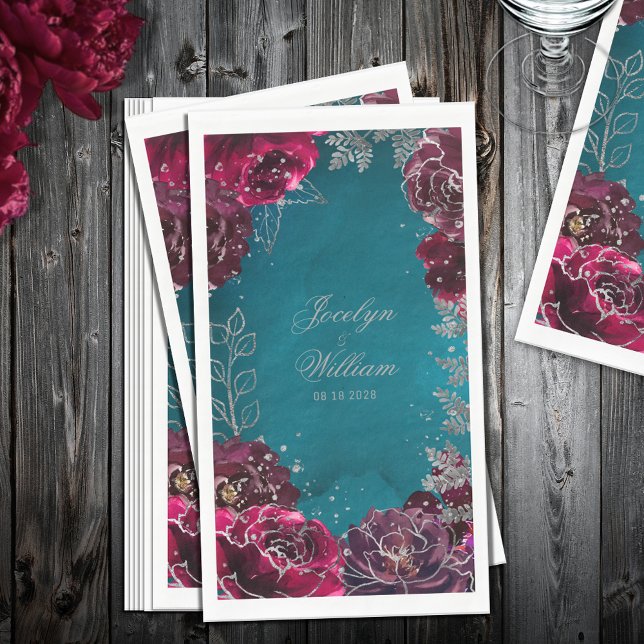 Aqua Teal Merlot Jewel Tone Wedding  Napkin (Aqua Teal Merlot Jewel Tone Wedding Guest Towel Paper Napkin)