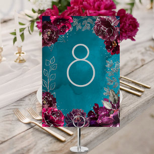 Aqua Teal Merlot Jewel Tone Wedding Table Number