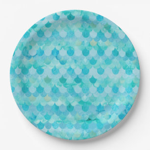 Aqua Teal Mermaid Scales Fish Scales Pattern Paper Plate