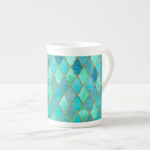 Aqua Teal Mint Gold Oriental Moroccan Tile pattern Bone China Mug