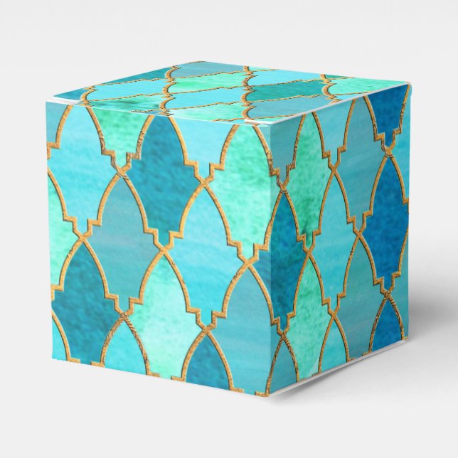 Aqua Teal Mint Gold Oriental Moroccan Tile pattern Favour Box (Front Side)