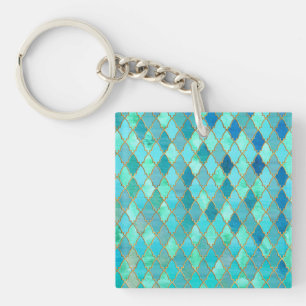 Aqua Teal Mint Gold Oriental Moroccan Tile pattern Key Ring