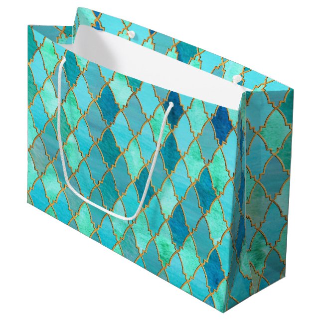 Aqua Teal Mint Gold Oriental Moroccan Tile pattern Large Gift Bag (Front Angled)
