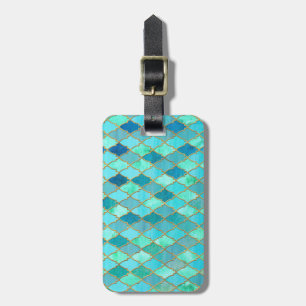 Aqua Teal Mint Gold Oriental Moroccan Tile pattern Luggage Tag