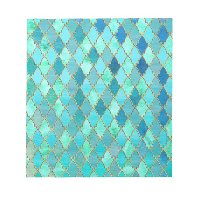 Aqua Teal Mint Gold Oriental Moroccan Tile pattern Notepad (Front)