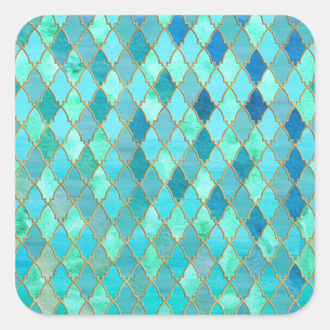 Aqua Teal Mint Gold Oriental Moroccan Tile pattern Square Sticker (Front)