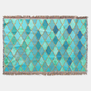 Aqua Teal Mint Gold Oriental Moroccan Tile pattern Throw Blanket