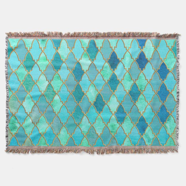 Aqua Teal Mint Gold Oriental Moroccan Tile pattern Throw Blanket (Front)