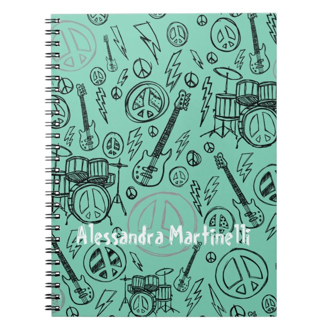 Aqua Teal Music Doodles Guitars & Drums Custom Notebook (Front)