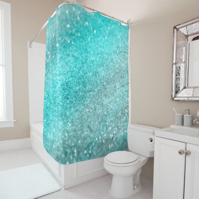 Aqua Teal Ocean Glitter #1 Shower Curtain (In Situ)
