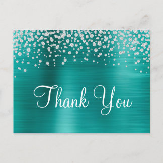 Aqua Teal Ombre Foil Diamond Confetti Thank You Postcard