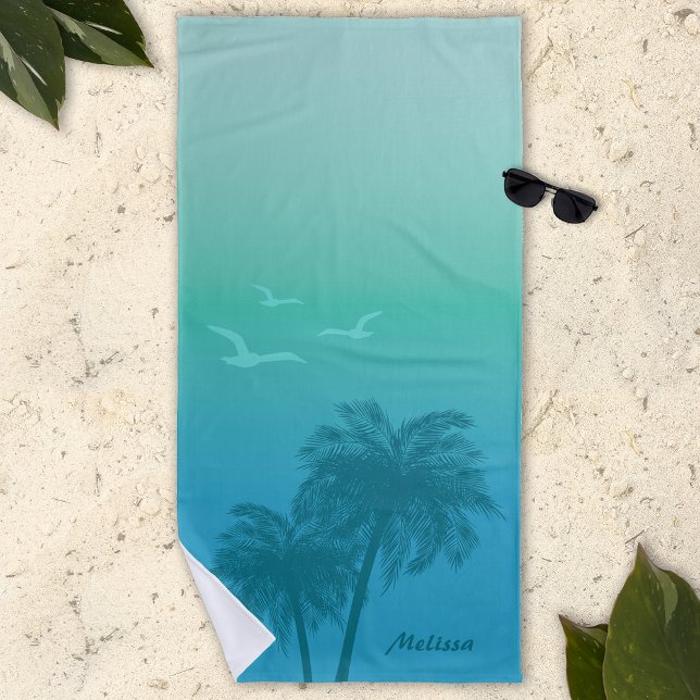 Aqua Teal Palm Trees Tropical Summer With Name Beach Towel (Creator Uploaded)