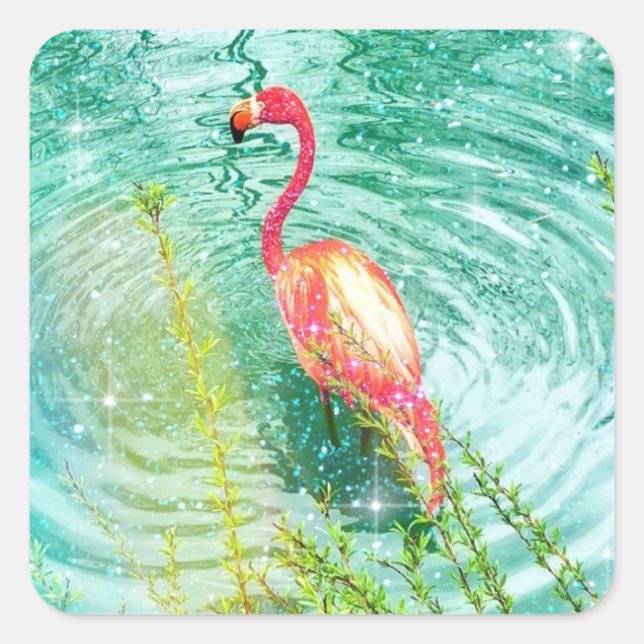 aqua teal pink flamingo glitter florida square sticker (Front)