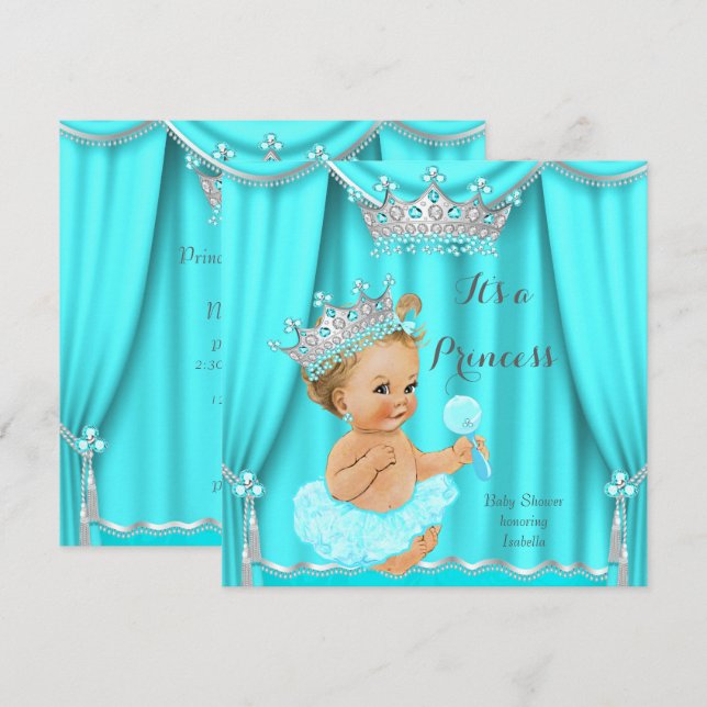 Aqua Teal Princess Baby Shower Silver Blonde Invitation (Front/Back)
