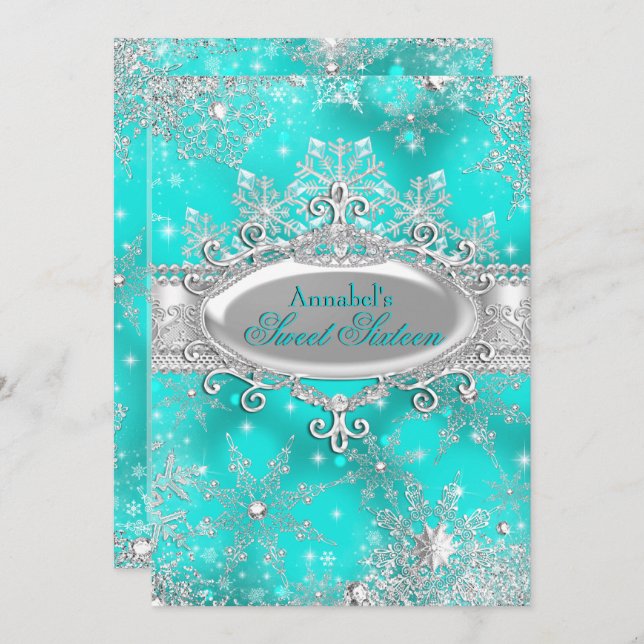 Aqua Teal Princess Winter Wonderland Sweet 16 Invitation (Front/Back)