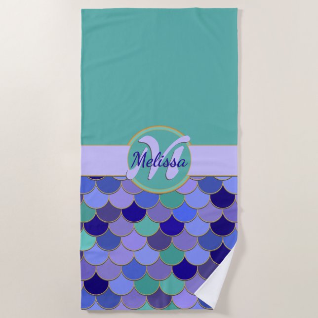 Aqua Teal & Purple Mermaid Scales Monogram + Name Beach Towel (Front)