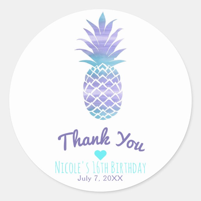 Aqua Teal & Purple Pineapple Tropical Chic Party Classic Round Sticker (Front)