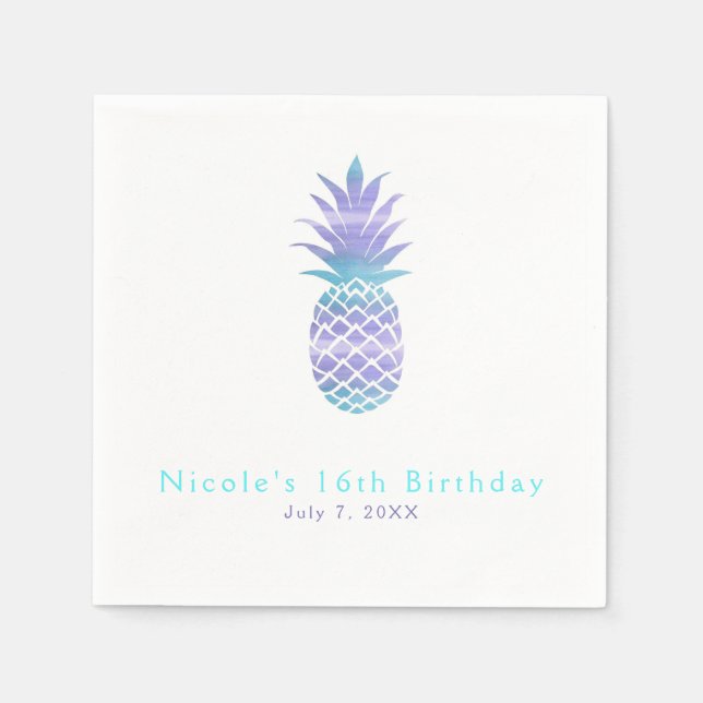 Aqua Teal & Purple Pineapple Tropical Chic Party Napkin (Front)