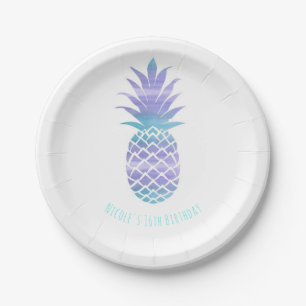 Aqua Teal & Purple Pineapple Tropical Chic Party Paper Plate
