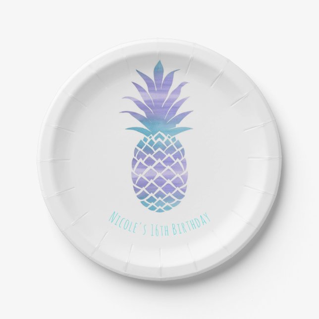 Aqua Teal & Purple Pineapple Tropical Chic Party Paper Plate (Front)